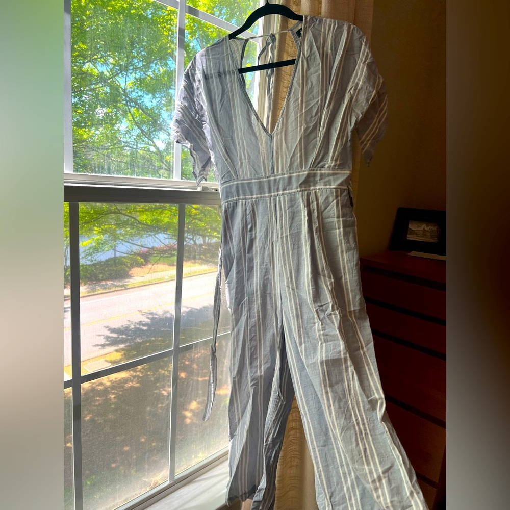 Striped V-Neck Jumpsuit in Light Blue and White
